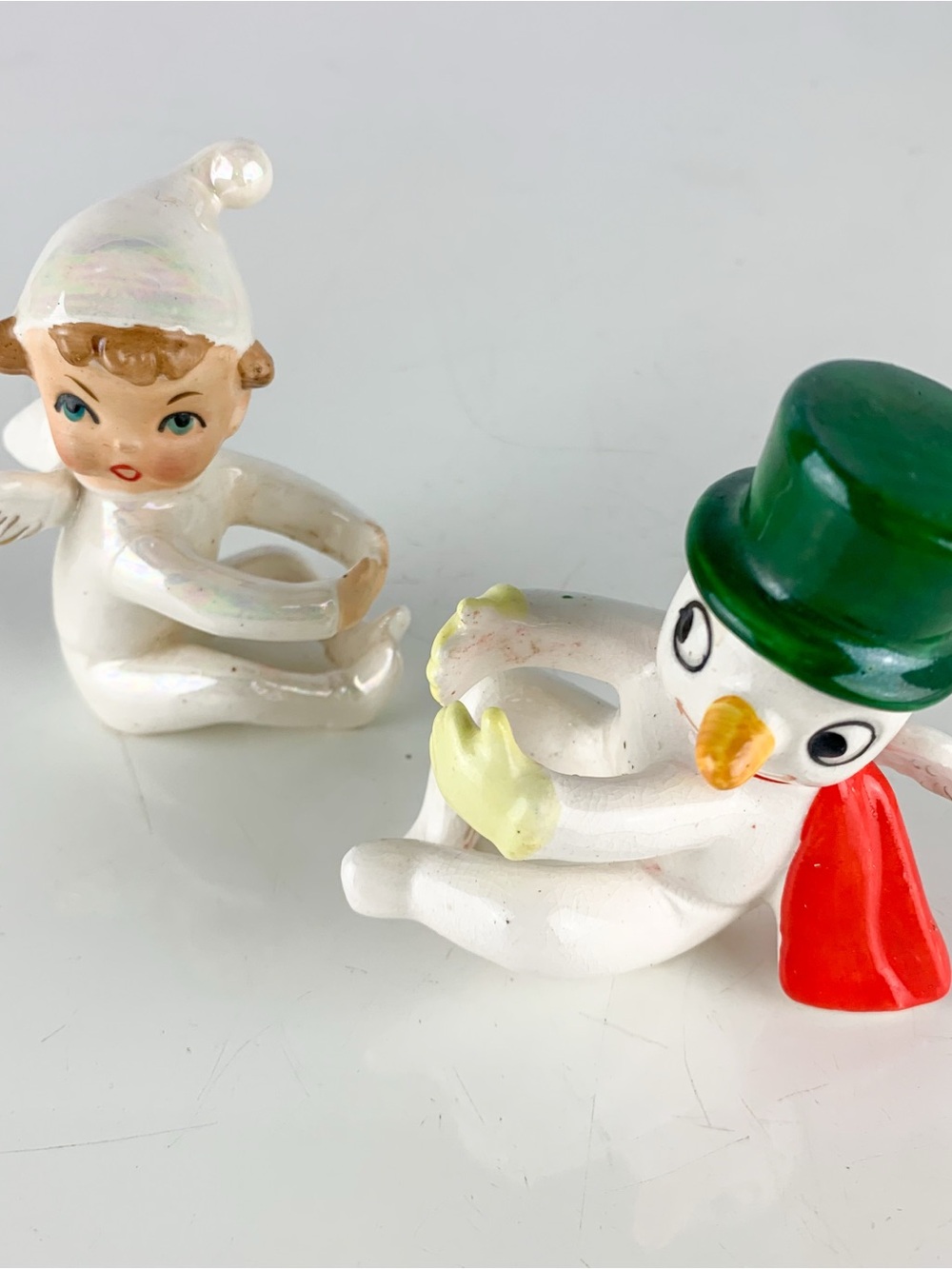 Vintage Japan Fine A CeramicSnowman Angel Candle Climbers Hugger Christmas As Is